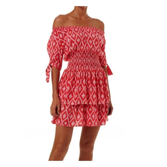 Melissa ODABASH Ikat red off the shoulder dress - Picture 1 of 5